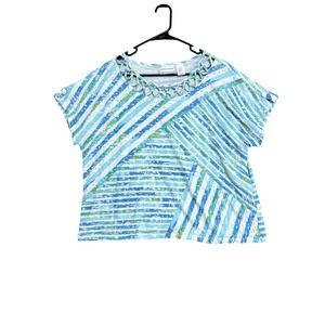 Alfred Dunner Shirt Womens Petite‎ XL Blue Green Striped Lattice Short Sleeve